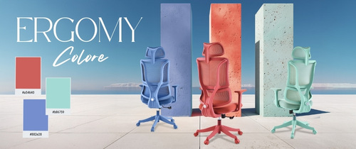 Three ergonomic ERGOMY Colore office chairs in blue, red and mint in front of tall colored columns with matching color swatches.