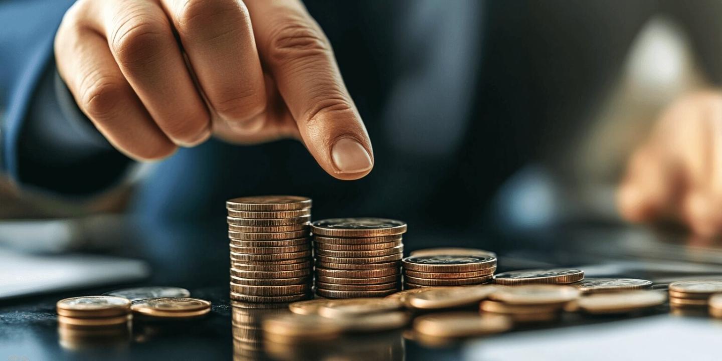 A man taps on one of many stacks of coins