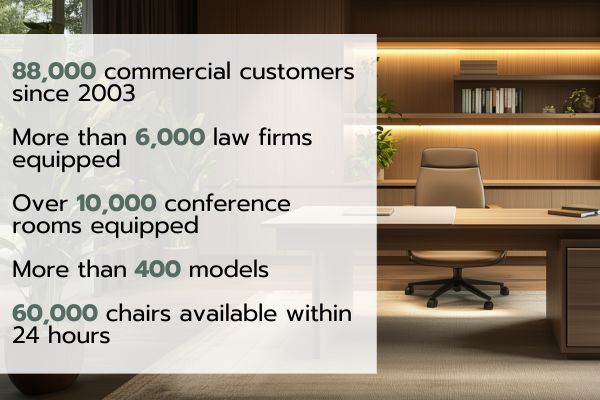 Modern office with facts about the company, e.g. 88,000 commercial customers since 2003